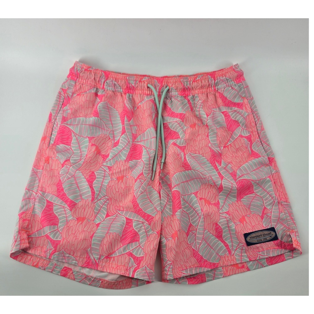 Vineyard Vines Swim Trunks Mens XS Pink Tropical Floral Leaf Print Mesh Lined